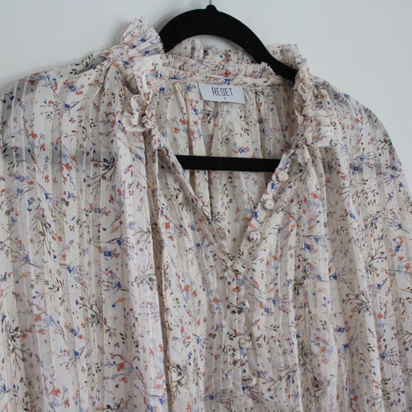 RESET White Multicolored Floral Long Sleeve Neck-Tie Wrap Blouse Size Small - Picture 2 of 8